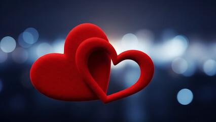 Two intertwined red velvet hearts against a dreamy bokeh background symbolizing love and connection