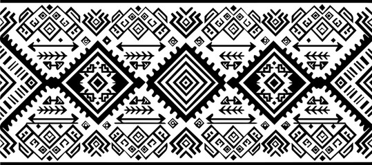 Tribal ceremonial border trim, symmetrical geometric icons, flat silhouette style.eps