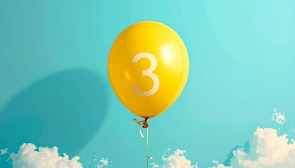 A shiny yellow foil balloon shaped like the number 3 floating against a solid teal background.