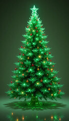 Isolated vector illustration of a green Christmas spruce tree with ornaments and a star on a white background for winter holiday season celebrations