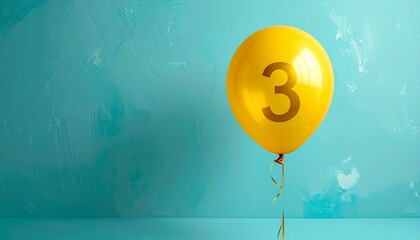 A shiny yellow foil balloon shaped like the number 3 floating against a solid teal background.