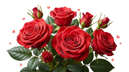 Fototapeta premium Romantic bouquet of red roses with green leaves and small hearts isolated on white background for Valentines Day