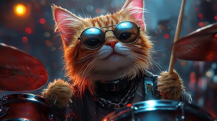 Cat playing drums illustration