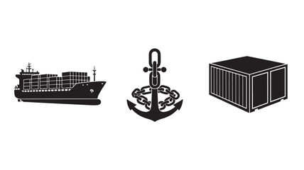 Cargo Ship, Anchor, and Shipping Container in Simple Monochrome Style with Black Silhouette and White Background for Logistics Illustration
