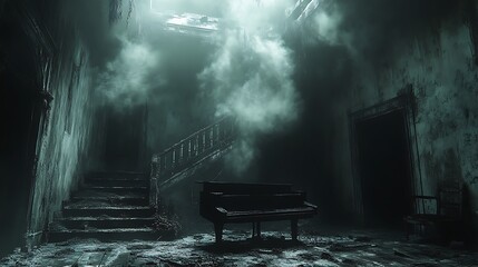 Mysterious interior with staircase and piano