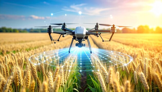 Drone flying over wheat field with futuristic technology graphics - Powered by Adobe