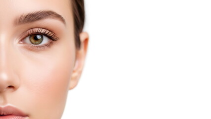 Fototapeta premium Half face of a woman with natural makeup and glowing skin, showcasing fresh and youthful beauty for skincare product advertisement