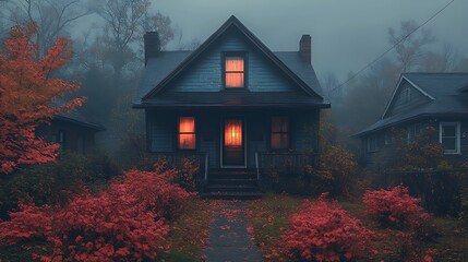 Residential house in autumnal fog