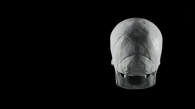 Realistic human skull rotating seamless loop, natural bone color skeleton 3D rendering isolated on black background.