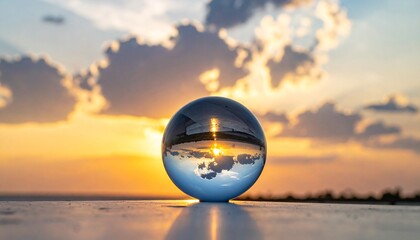 Reflective glass sphere on flat surface during sunset, capturing inverted sky with dramatic clouds and glowing sun.