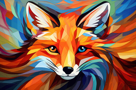 Cubist fox face in bright mosaic style, dynamic composition, geometric abstraction