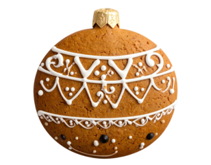 Ornate gingerbread ornament, decorated with festive white icing