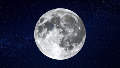 Detailed full moon with visible craters and maria centered in dark night sky scattered with small stars.