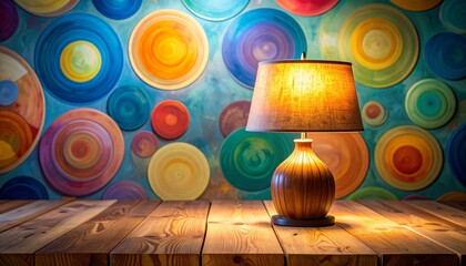 Decorative table lamp on wooden surface glowing warmly against abstract circular-patterned wall in vibrant colors.