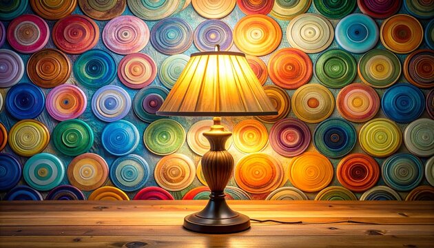Decorative table lamp on wooden surface glowing warmly against abstract circular-patterned wall in vibrant colors. - Powered by Adobe
