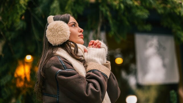 Young woman wearing earmuffs and winter coat, looking up with hands clasped in prayer