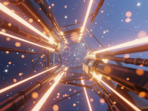 The circuit display board structure with a strong sense of technology emits a red beam of light - Powered by Adobe