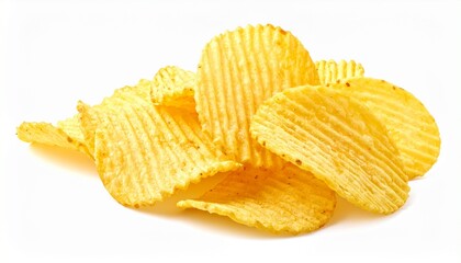 Pile of golden-yellow crispy potato chips with curled texture on clean white background.
