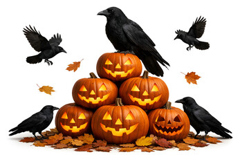 Fototapeta premium Spooky halloween jack o lanterns with black crows and autumn leaves on white background