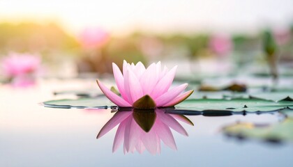Pink lotus flower in full bloom floating on calm water, reflected symmetrically with lily pads and soft light.