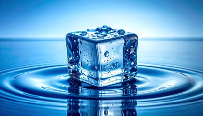 Single clear ice cube with water droplets floating on calm rippling water against blue gradient background.