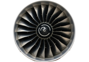 state-of-the-art high-bypass turbofan jet engine intake close-up; dark ceramic matrix composite blades and polished titanium surfaces, isolated on a transparent background. concept of technical