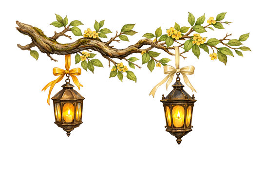 Decorative vintage lanterns hanging from flowering tree branch with blue and yellow ribbons