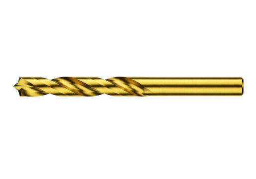Meticulously detailed single gold titanium nitride twist drill bit, horizontal, showcasing razor-sharp flutes, isolated on a seamless high-key white studio background. Concept for professional