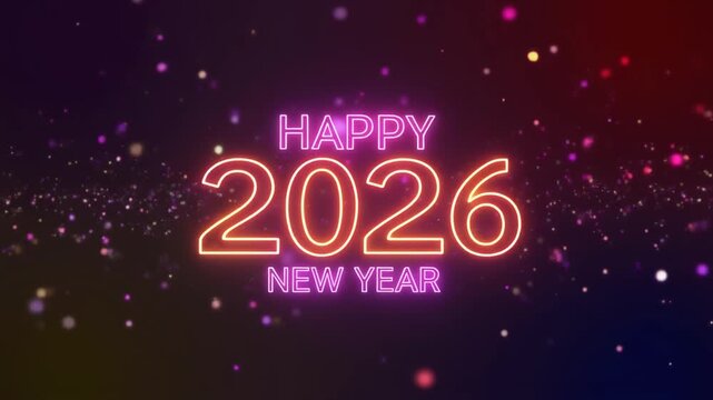 Happy New Year bold vector typography glowing with vibrant neon lights smooth animation festive visuals
