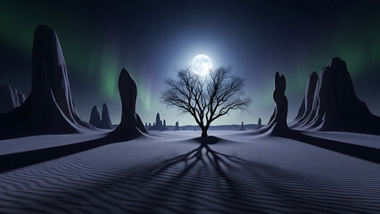 Lone Tree Under Moonlit Night with Northern Lights in Snowy Landscape