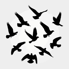 Obraz premium Silhouette illustration of a flock of birds flying in a circular pattern against a plain white background, dynamic movement and freedom concept