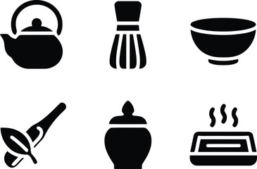Tea ceremony icons including teapot, whisk, bowl, spoon, sugar pot, and steamer for oriental beverage preparation and kitchenware designs