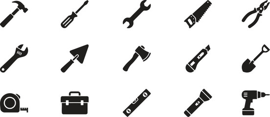 Tools Icons Set Hand Instruments Isolated on Transparent Background Black Vector Illustration Hammer Screwdriver Wrench Saw Pliers Shovel Axe Tape Level Flashlight
