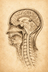 Sagittal section of the human head and neck, MRI-based generative ai illustration showing brain anatomy, cervical spine, and spinal cord