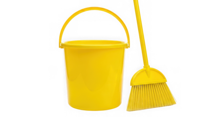 Yellow Plastic Cleaning Bucket with Broom Isolated on Transparent Background