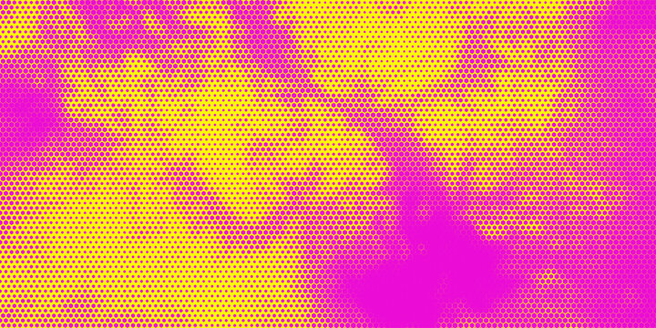 A bold and vibrant abstract background featuring a classic halftone dot pattern in bright yellow and magenta pink. The smooth gradient and dense dotted texture - Powered by Adobe