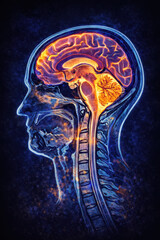 Sagittal section of the human head and neck, MRI-based generative ai illustration showing brain anatomy, cervical spine, and spinal cord