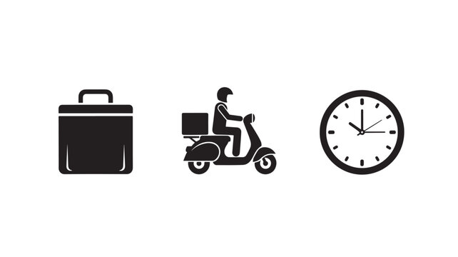 Delivery person on scooter with briefcase and clock in simple flat design for logistics timing