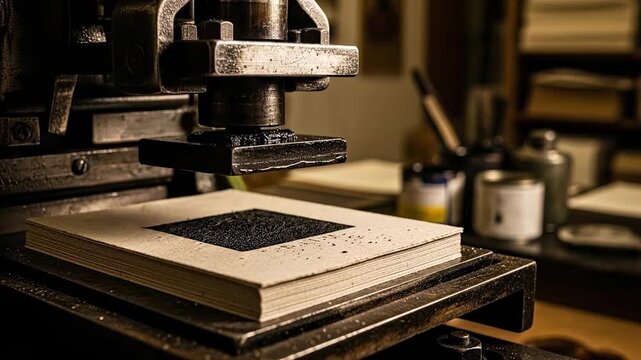 Vintage Book Press Embossing Cover In Workshop.