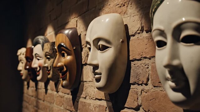 Dramatic row of assorted theatrical masks hanging against an old brick wall backdrop