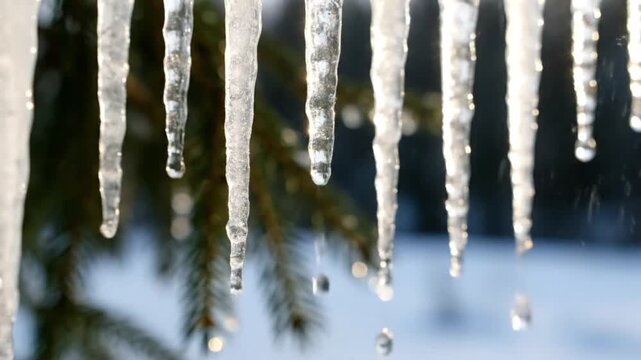 Close up shot of melting icicles dripping water during a bright winter thaw suggesting seasonal change