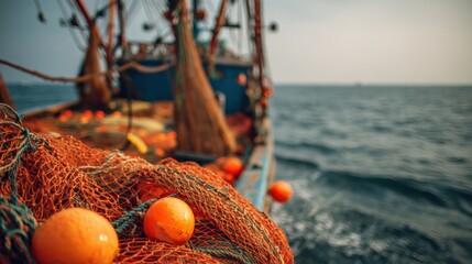 A fishing boat is seen on the water during sunset. Nets are hanging over the side, and orange buoys float nearby. The sky is dimming as the day ends
