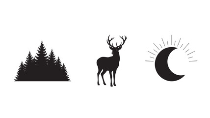 Deer with forest and moon in silhouette style with black color on white background for logo design