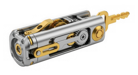 Mechanical Lock and Key Mechanism Cutaway View Isolated on Transparent Background