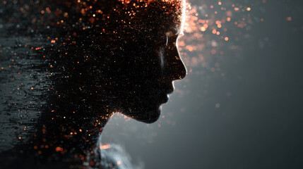 Human silhouette dissolving into digital particles, symbolic transformation through AI