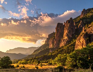 Mountain Landscape with Cliffs and Trees at Sunset.