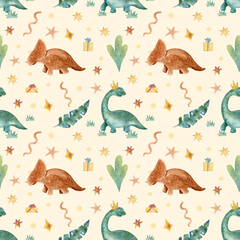 Seamless watercolor dinosaur pattern for kids birthday. Cute hand painted dinosaurs with party hats, gifts and confetti, perfect for party decor, wrapping paper, textiles, stationery and kids design.