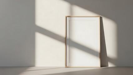 Minimalist goldframed picture frame casting long shadows on a white wall
