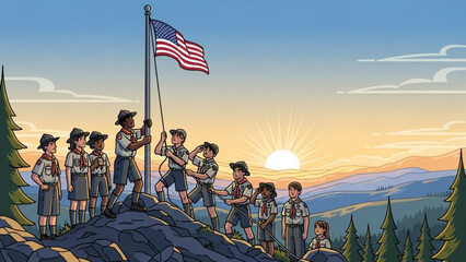American Flag Raising Ceremony on Mountain Summit at Sunset
