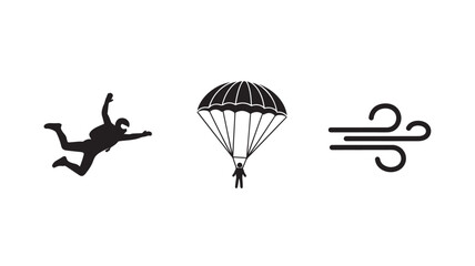 Parachutist Silhouette in Free Fall with Open Parachute and Wind Symbol in Minimalist Black Design for Adventure Icon